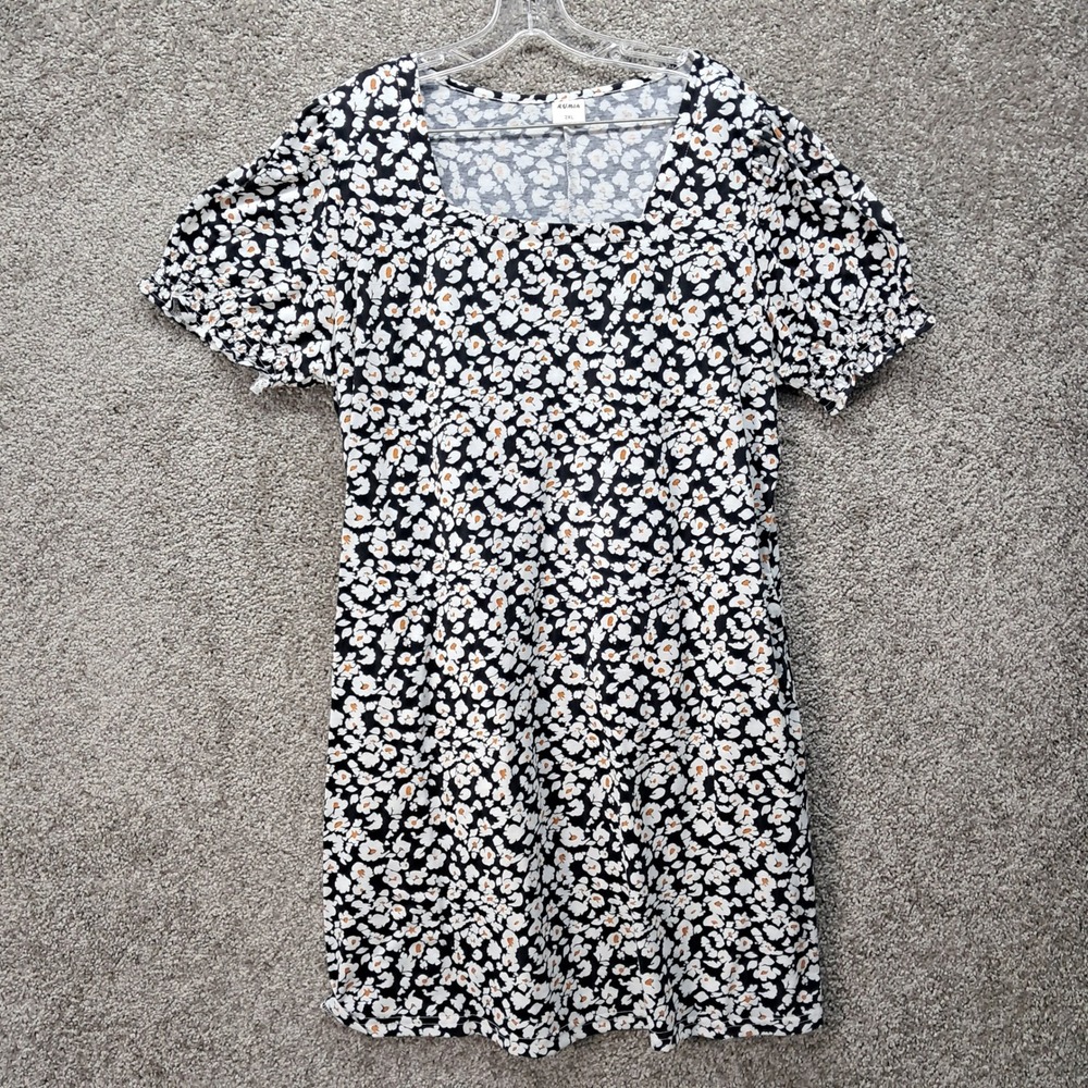 Rumia Women‎ 2XL Black Floral Daisy Square Neck Puff Sleeve Mini Dress